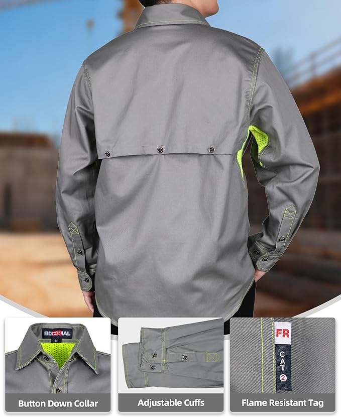 BOCOMAL FR Shirt for Summer Lightweight Vented Mesh Back and Underarm Breathable Flame Resistant Welding Button Down Shirts