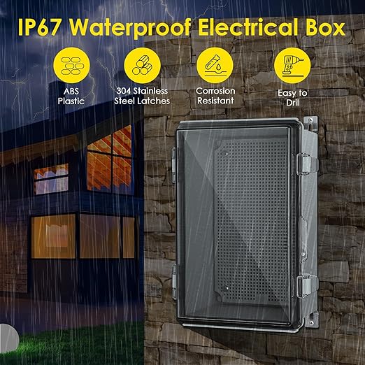 Waterproof Electrical Junction Box, IP67 ABS Plastic Junction Box Enclosure with Aluminum DIN Rail, Mounting Plate, Wall Brackets for WiFi Electronics Project, Clear (11.4"×7.5"×5.5")
