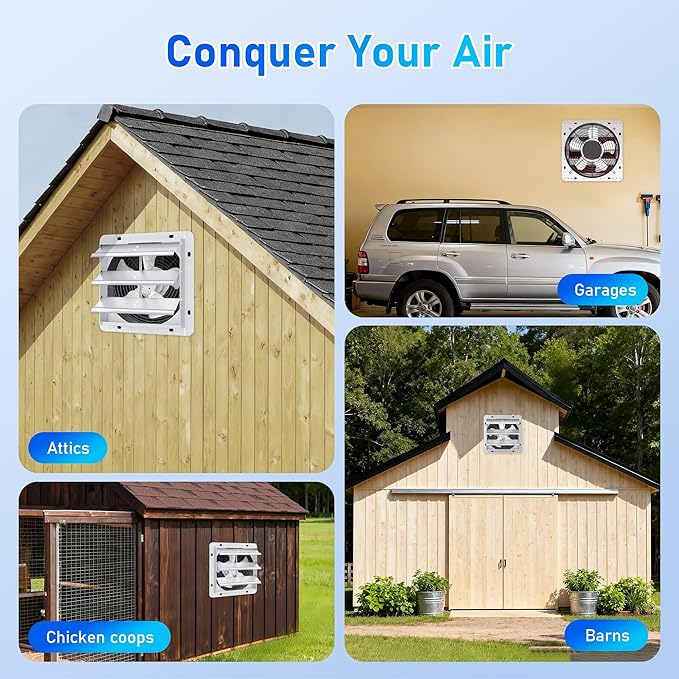 10 Inch Shutter Exhaust Fan, High-Speed 1400CFM Low Noise Attic Fan, Automatic Shutter, Ventilation and Cooling Vent Fan for Greenhouses, Garages, Shop, Chicken Coops, Gable, Shed