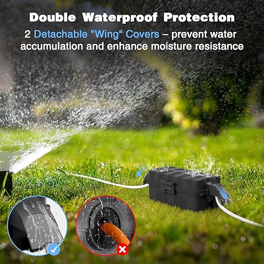 FLEMOON IP55 Outdoor Electrical Box Waterproof with Detachable Awning Covers, 8.3 x 4.1 x 3.7 inch Weatherproof Extension Cord Cover, Easy Installation for Outdoor Plug, Outlet, String Lights, Black