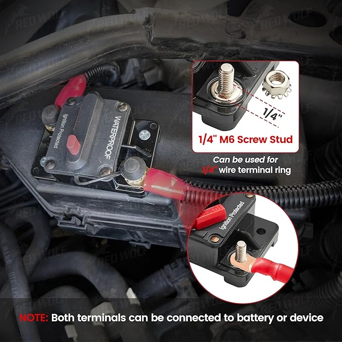 RED WOLF Waterproof 100Amp Circuit Breaker for Boat Trolling Motor Marine ATV Vehicles Stereo Audio Electronic Battery System Inline Fuse with Manual Reset Switch 12V-48V DC