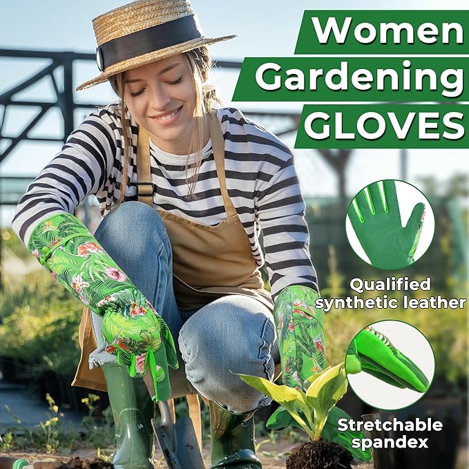 HANDLANDY Women Gardening Gloves, Scratch Resistant Breathable Ladies Rose Pruning Long Gauntlet Floral Print Garden Yard Gloves, Gift for Gardeners (Grass Green, XL)