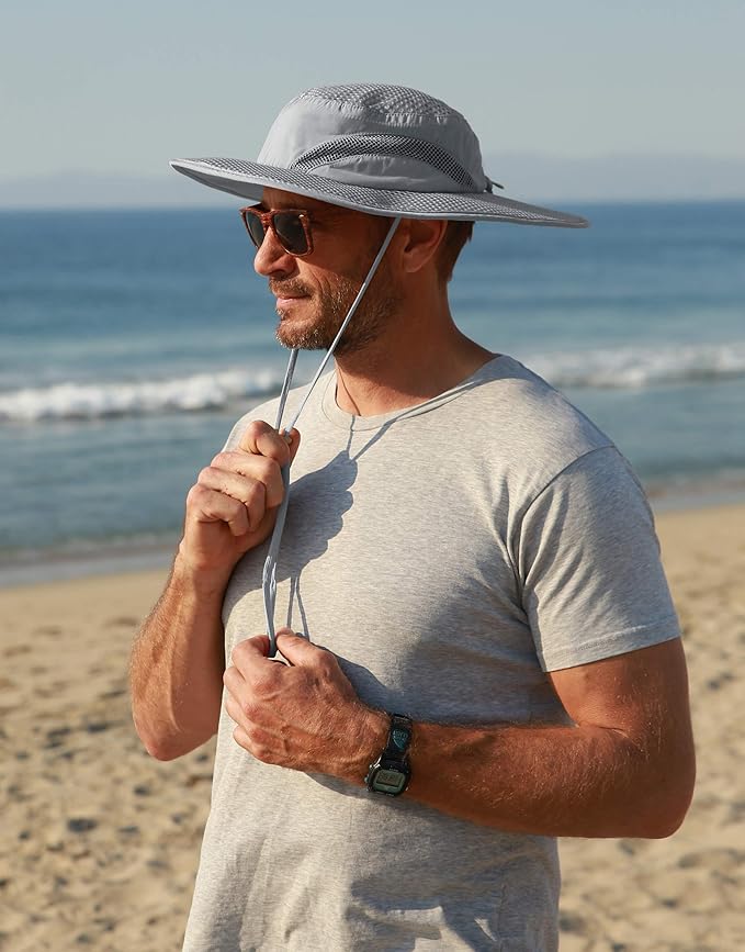 Men Safari Sun Hat Wide Brim Boonie Fishing Cap with Adjustable Drawstring