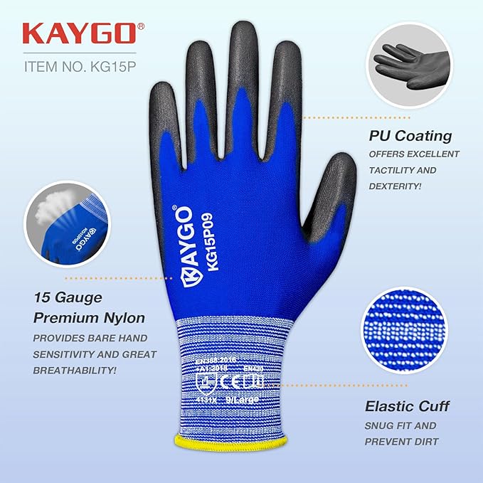 KAYGO Work Gloves PU Coated-12 Pairs, KG15P,Nylon Lite Polyurethane Safety Work Gloves, Gray Polyurethane Coated, Knit Wrist Cuff,Ideal for Light Duty Work (Large, Blue)