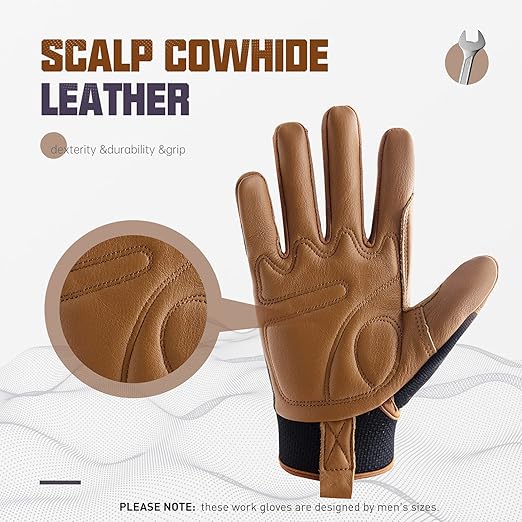 HANDLANDY Leather Work Gloves Mens & Women, Utility Safety Mechanic Working Gloves Touch Screen, Flexible Breathable Yard Work Gloves (Large, Brown-Cowhide Palm, Pack of 3)