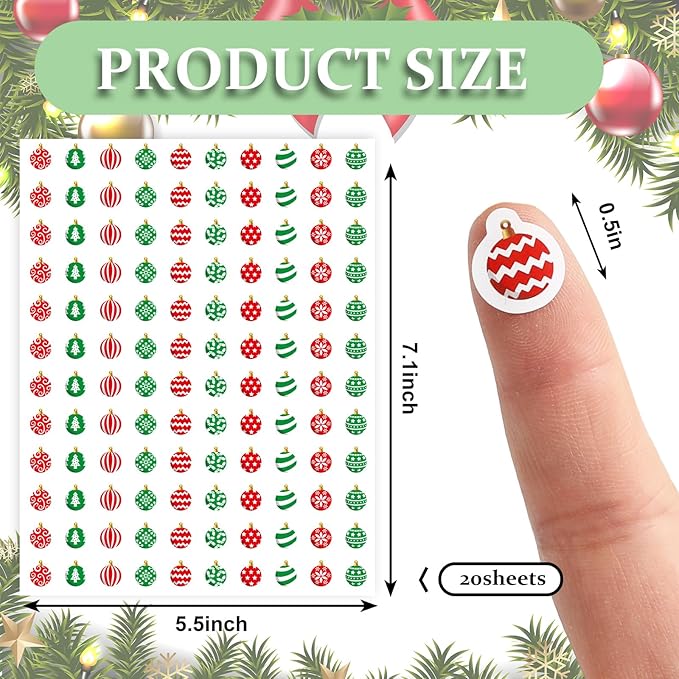 JarThenaAMCS 2400Pcs Mini Christmas Ornament Sticker Red Green Xmas Ball Paper Decal 10 Designs Adhesive Sticker for Winter Planner Envelope Scrapbook Gift DIY Supplies, 0.5 in
