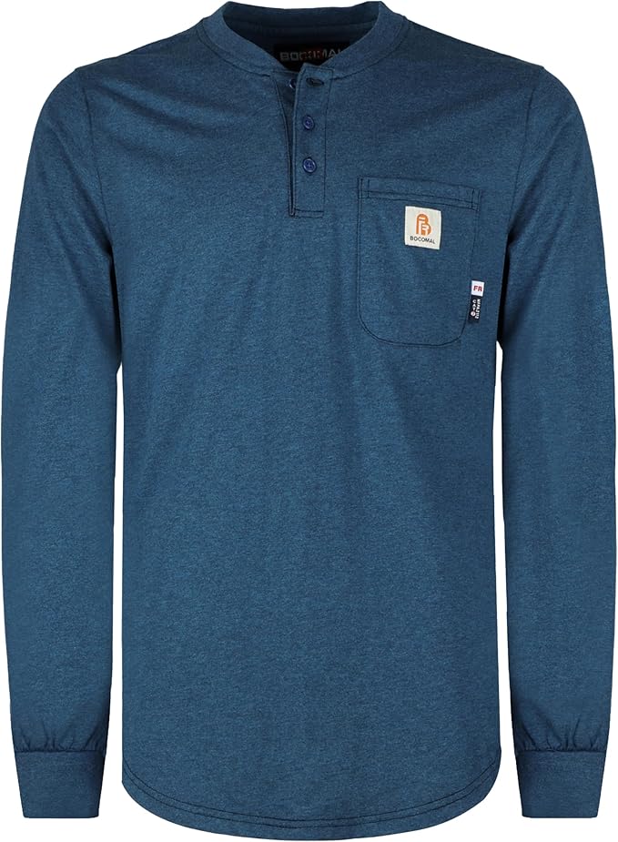 BOCOMAL FR Shirts 6oz Lightweight Flame Resistant Long Sleeve Henley Shirt Fire Retardant Workwear NFPA2112 CAT2