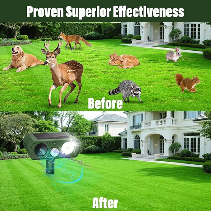 Solar Ultrasonic Animal Repellent, Deer Repellent Devices Waterproof, Cat Repellent Outdoor with Motion Detection Squirrel Skunk Rabbit Dog Raccoon Deterrents Animal Repeller for Yard, 2 Pack, Green