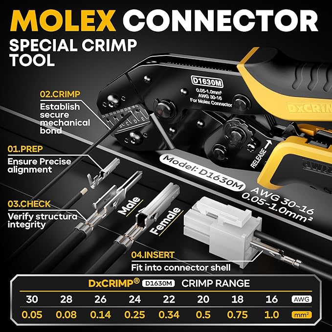 Mini-Fit Jr 4.2mm Crimping Tool Kit (2-24 Pin) with SATA & LP4 Connectors, 16-26 AWG Terminals. Ratcheting Crimper, Stripper & Extractor. Fits Molex Mini-Fit Jr for PC Modding, ATX/GPU/PSU