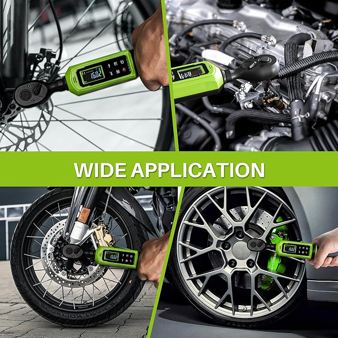 Digital Torque Wrench 3/8"Drive-0.66-44.25Ft.Lb, 0.9-60N.m, Electric Torque Wrench With Vibration Buzzer LED Indicator, ±2% Accuracy Five Units for Bike Motorcycle Car Auto Repair,Green Black