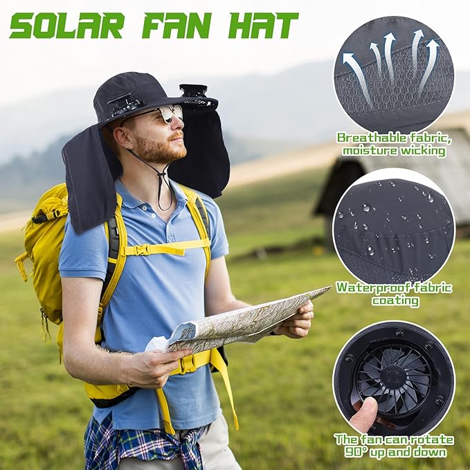 Chuarry Wide Brim Sun Hat with 2 Fan Outdoor Solar Powered USB Charging Fishing Hat with Neck Flap for Men Women