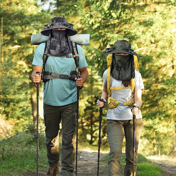 2 Pcs Solar Fan Hats Wide Brim Fishing Hats with 2 Solar Fan and Removable Face Cover Cooling Buckets for Men Women