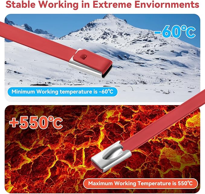 Red Metal Zip Ties Heavy Duty 11.8 inch for Outdoor Use, Stainless Steel Epoxy Coated Cable Chain Link Fence Zip Ties, Durable Metal Wire Ties Strap UV Resistant
