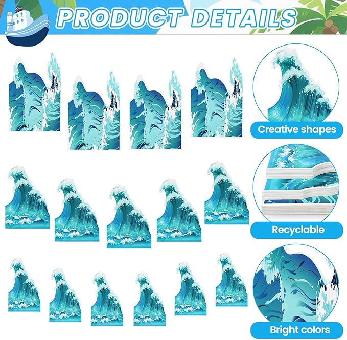 48 Pcs Ocean Waves Stickers 3 Sizes Ocean Theme Party Decorations Set Blue Turquoise Waves Cutouts for Sea Beach Border Trim Blue Wave Waterproof Home Office Wall Decor with Adhesive Dots