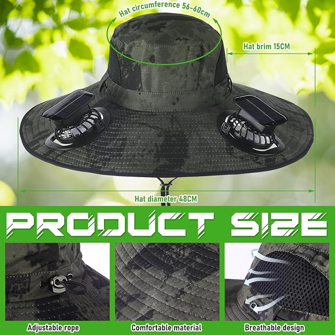 Berlune Men Sun Hat with 2 Solar Fans Wide Brim Outdoor Fishing Hat USB & Solar Powered for Sun Protection Camping Hiking