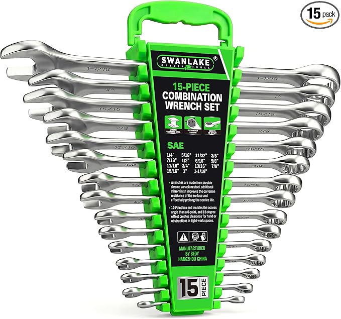 SWANLAKE 15-Piece SAE Wrench Set, V Notch Premium Combination Wrenchs Set, SAE 1/4" to 1-1/16", Max Torque, 12-Point, Chrome Vanadium Steel, with Storage Rack