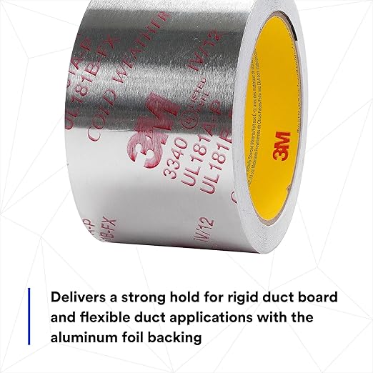 3M Aluminum Foil Tape 3340, 2.5" x 50 yd, 4.0 mil, Silver, HVAC, Sealing and Patching Hot and Cold Air Ducts, Fiberglass Duct Board, Insulation, Metal Repair