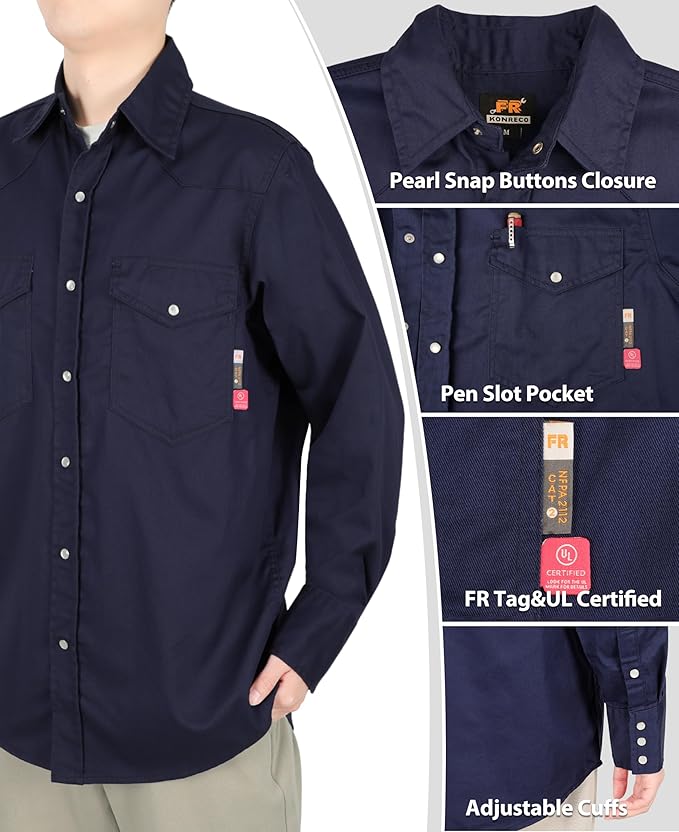 KONRECO FR Shirts for Men 6.5oz Lightweight Work Uniform Flame Resistant Welding Shirt/Water & Stain Repellent