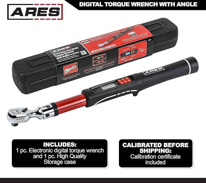 ARES 43007-3/8-Inch Drive Flex Head Electronic Digital Torque and Torque Angle Wrench - 10-100 ft/lbs (13.5-135Nm) - Reversible Sealed Head - Multi-Alert Prevents Over-Torquing