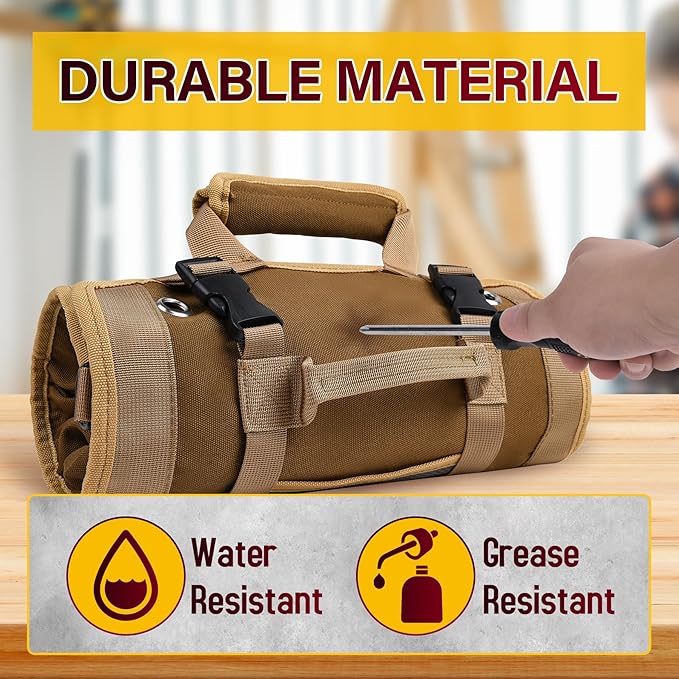 Tool Bag, Tool Bags for Men, Heavy Duty Tool Organizer, Portable Roll Up Tool Bag Gifts For Him, Mechanic, Electrician and Hobbyist, Car Tool Roll Organizer - Khaki