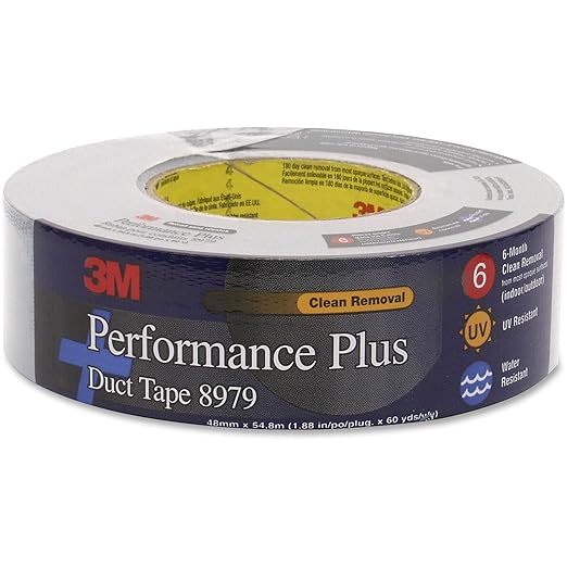 3M Performance Plus 8979 Duct Tape Heavy Duty, Black, 48 mm x 55 m, 12.1 mil, 6 Month Clean Removal, Resists UV and Weather for up to 12 Months, Tears Cleanly, Curl-Resistant, 1 Roll