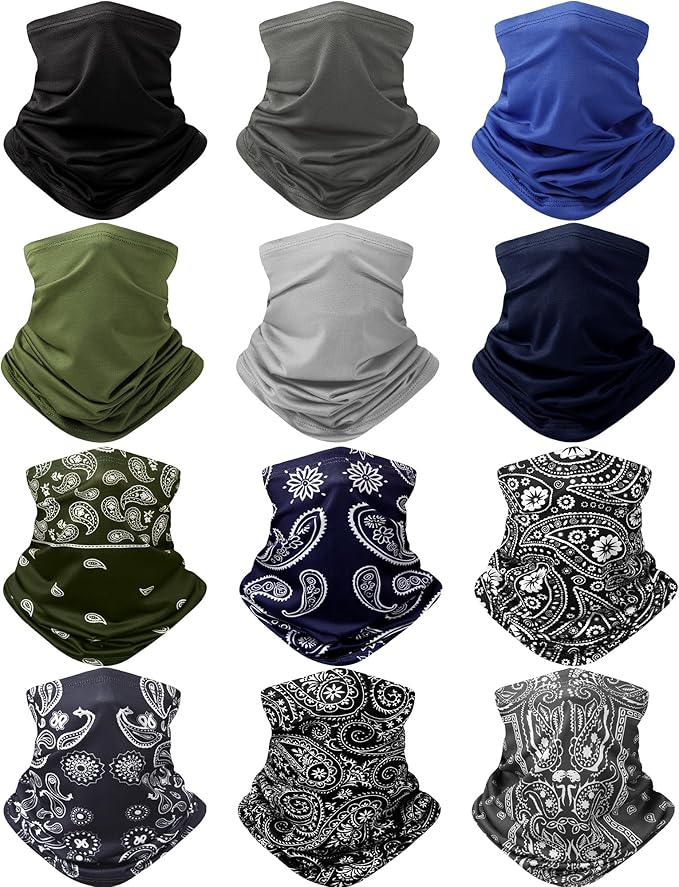 Cuffbow 12 Pack Neck Gaiters Face Mask Bandana Balaclava for Men Women Cooling Neck Gaiter Summer UV Sun Protection Scarf