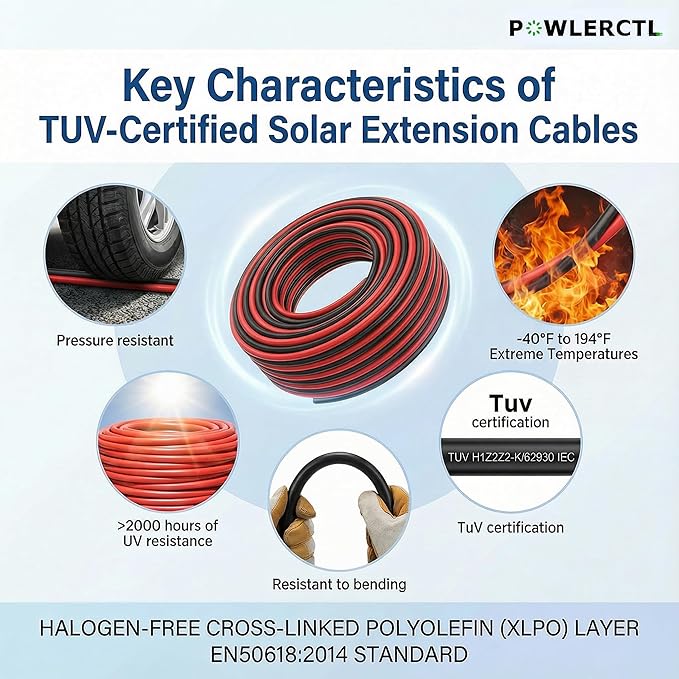 Solar Panel Extension Cable 10 AWG 40Ft 6mm² Wire Gauge Certified PV Cable,100% Tinned Copper Heavy Duty with Male and Female Waterproof mc4 Connectors,for RV, Home Boat Photovoltaic Systems