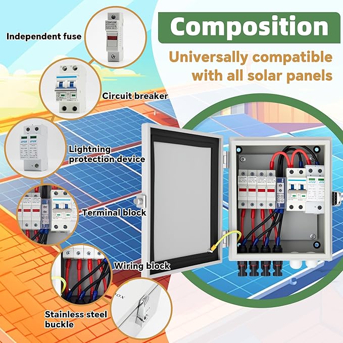 4 String Solar Combiner Box, IP65 Waterproof PV Combiner Break for On/Off Grid Solar System, with Lightning Arrester, 15A Rated Current Fuse& 63A Circuit Breaker (Metal Box)