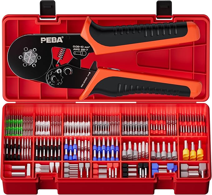 PEBA Hexagonal Ferrule Crimping Tool Kit, AWG 28-7 Self-Adjusting Ratchet Crimper with 28 Sizes Insulated & Non-Insulated Copper Terminals, Hex Crimp Pliers for Professional Electrical Wiring