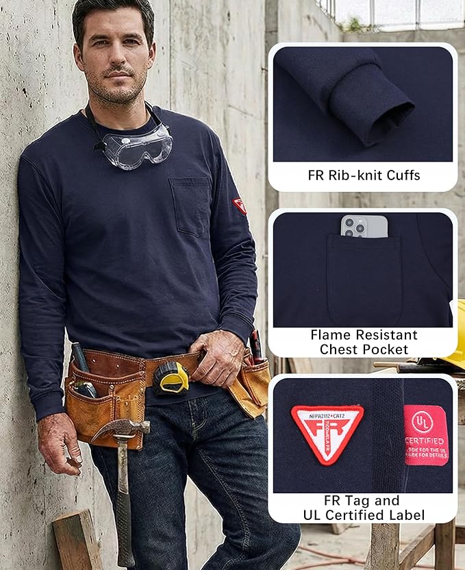 TICOMELA FR Shirts for Men Flame Resistant Shirt NFPA2112/CAT2 7oz Fire Retardant Men's Long Sleeve Henley Shirts
