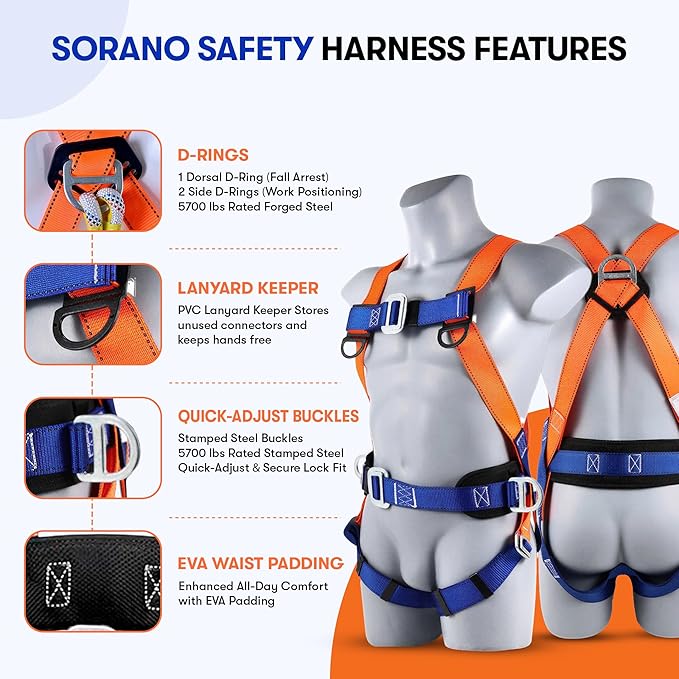 Sorano Safety Harness Fall Protection Kit, Full Body Roofing harnesses with Shock Absorbing Lanyard for Men & Women OSHA/ANSI Compliant, Full Body Chest Harness for Hunting, Climbing & Construction
