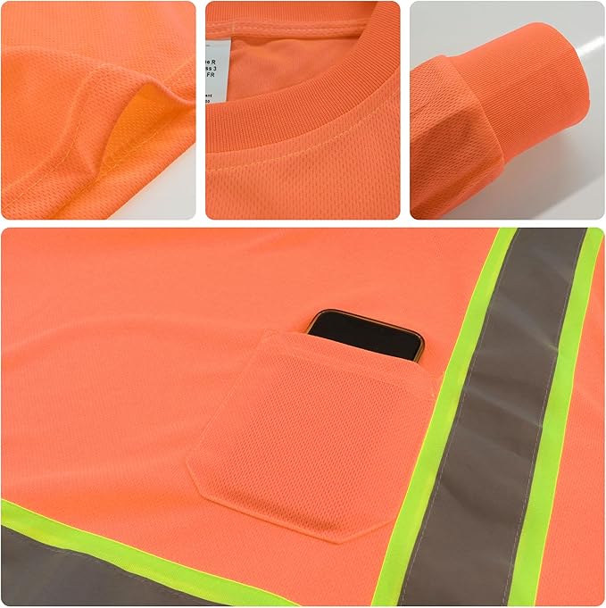 W&H Hi Vis Safety Long Sleeve Shirts Reflective High Visibility Birdeyes Class 3 Shirts,Construction Work