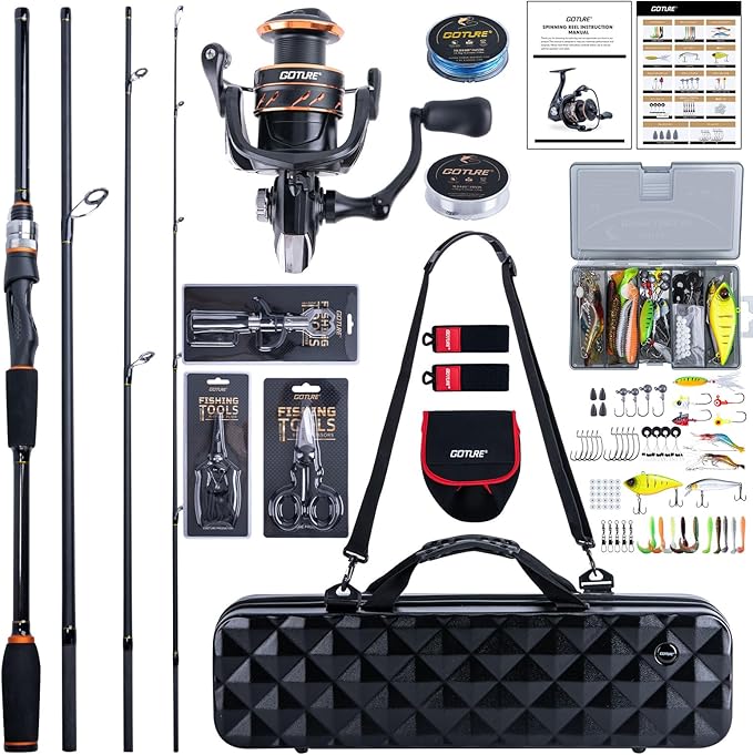 Goture Spinning Fishing Rod & Reel Combo with Carrier Bag,6.6-9FT,Spin Reels, Lures Kit, Pliers, Braided Line, Fish Gripper, Carbon Fiber Freshwater Fishing Rod Full Kit for Starter