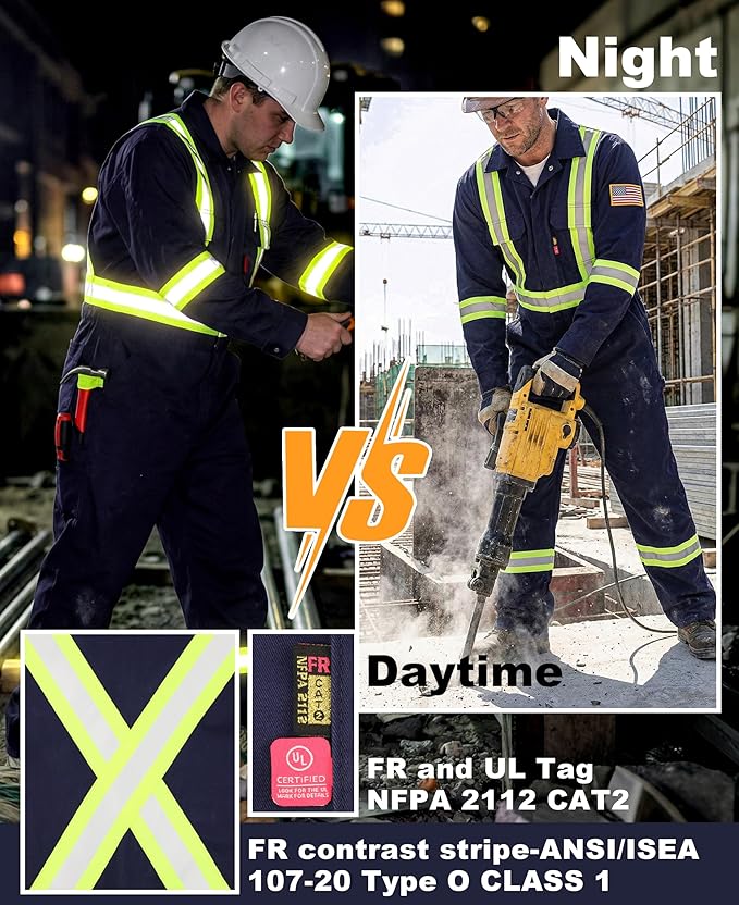 BOCOMAL FR Coveralls Men High Visibility 7.5oz Cotton Twill Flame Resistant Fire Retardant Work Coverall NFPA2112 HRC2