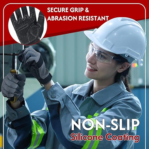 HANDLANDY Working Gloves for Men & Women, Safety Work Gloves with Grip for Warehouse Construction Garden Yard Outside (Grey-Grip, Medium (Pack of 3))