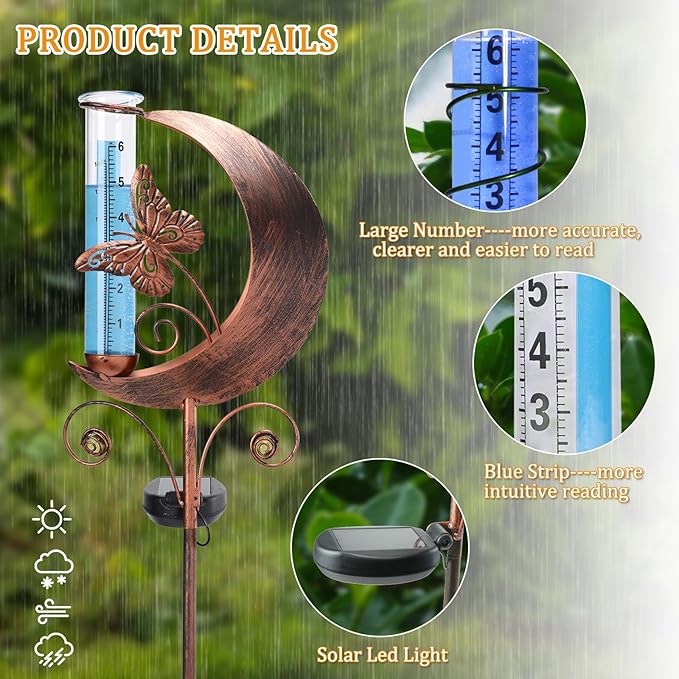 WONDER GARDEN Solar Rain Gauge Outdoor, Decorative Moon Butterfly Rain Gauges Outdoors Best Rated, Freeze Proof Water Rain Measure Gauge for Yard Patio Lawn Garden Decor