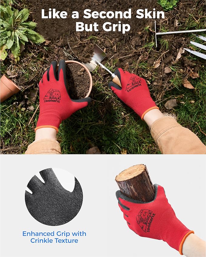 toolant Crinkle Latex Work Gloves Bulk, Rubber Coated Safety Work Gloves for Men and Women, 12 Pairs for Construction, Gardening, Warehouse (Black & Red, XX-Large)