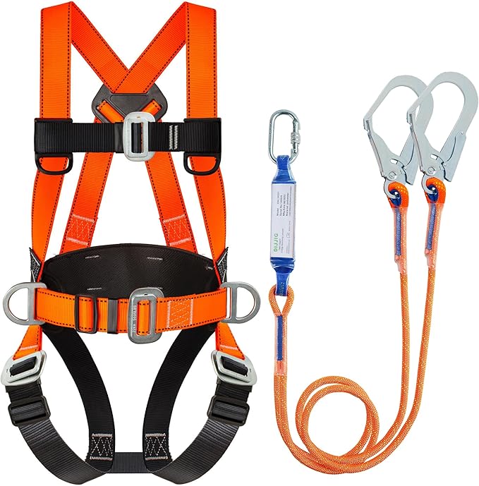 Safety Harness Fall Protection Kit Full Body Roofing Harnesses With Internal Shock Absorbing Lanyard, Orange Safety Harness For Construction OSHA/ANSI Compliant