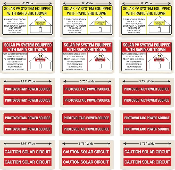 Solar PV Safety Installer Label Kit - Solar PV System Equipped with Rapid Shutdown, Photovoltaic Power Source, Caution Solar Circuit - Electrical Panel Safety Stickers (24 Pack)