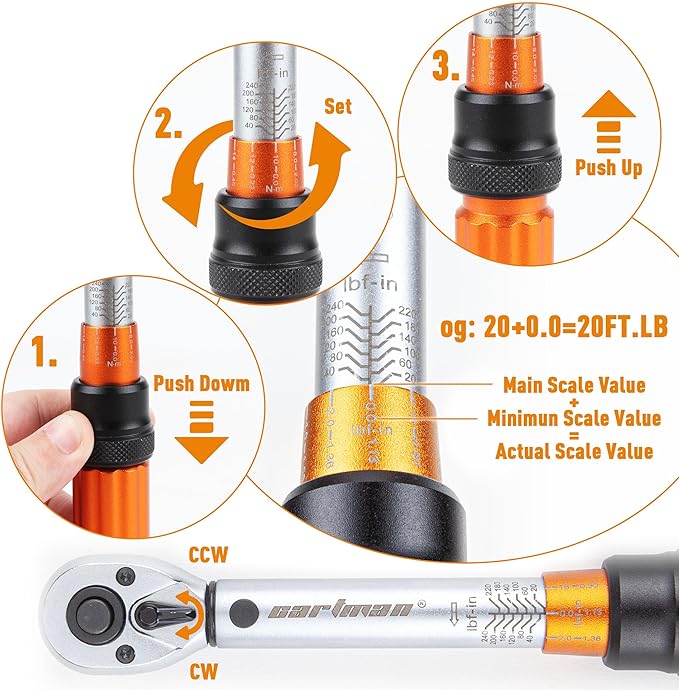 CARTMAN 1/4-inch Drive Click Torque Wrench Dual-Range 20-240 LB.IN/2.26-27.12N.M for MTB E-Bike and Moto Maintenance