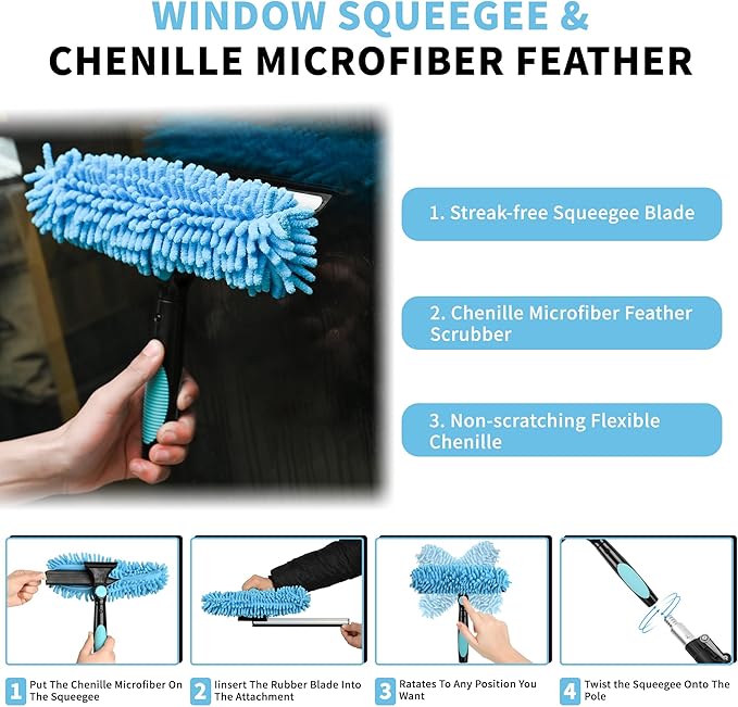 2-in-1 Window Squeegee and Microfiber Scrubber, Multi-Angle Window Cleaning Tool, Solar Panel Cleaning Brush Threaded Window Cleaner Brush for RV Windshields