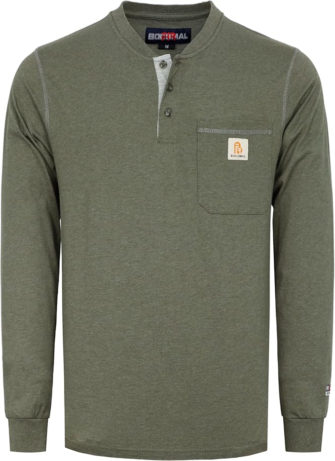 BOCOMAL FR Shirts for Men 5.5oz Lightweight Long Sleeve Work Henley Fire Resistant Shirt CAT2