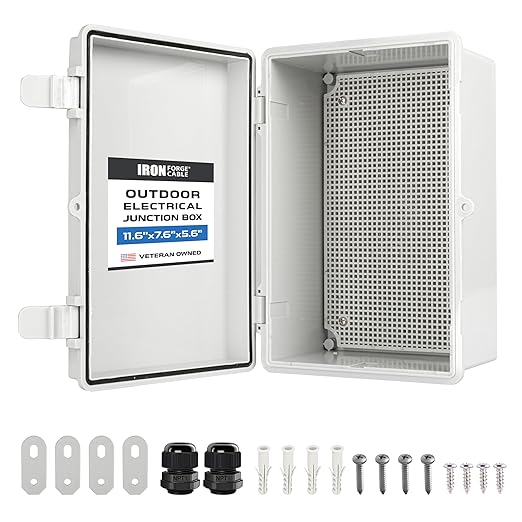 Iron Forge Cable Outdoor Junction Box with Mounting Plate & Complete Accessories - 11.6 x 7.6 x 5.6 in, Dustproof Waterproof Universal Hinged Enclosure Light Gray