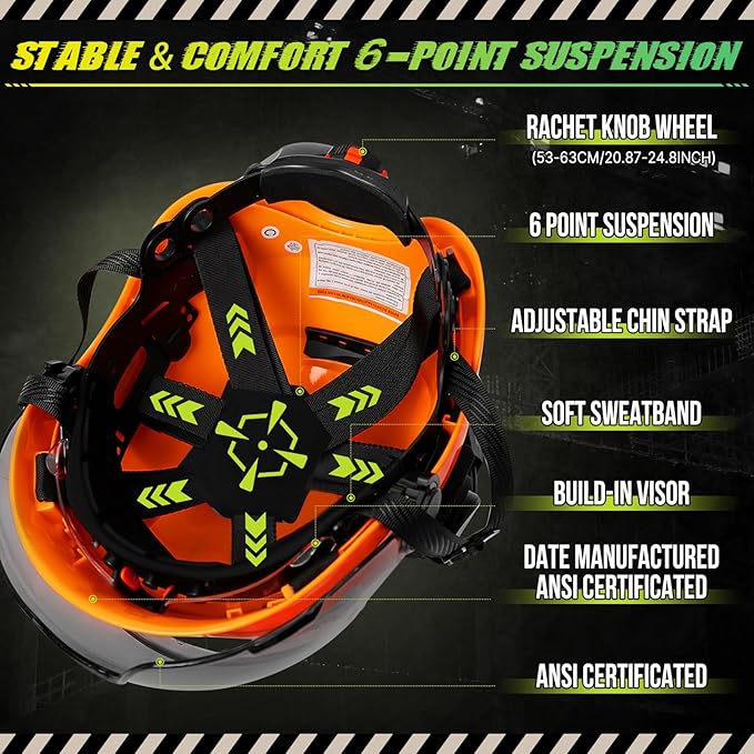 Hard Hat with Dual Visor and Hearing Protection-OSHA Approved Construction Hard Hats with Visor Sunglasses Earmuffs for Men,Vented Forestry Chainsaw Arborist Helmet with Chin Straps