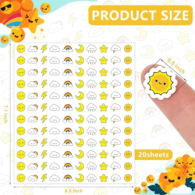 JarThenaAMCS 2400Pcs Mini Weather Sticker Cute Smile Face Paper Decals 10 Designs Self-Adhesive Stickers for Envelopes Scrapbook Gifts DIY Supplies, 0.5 in