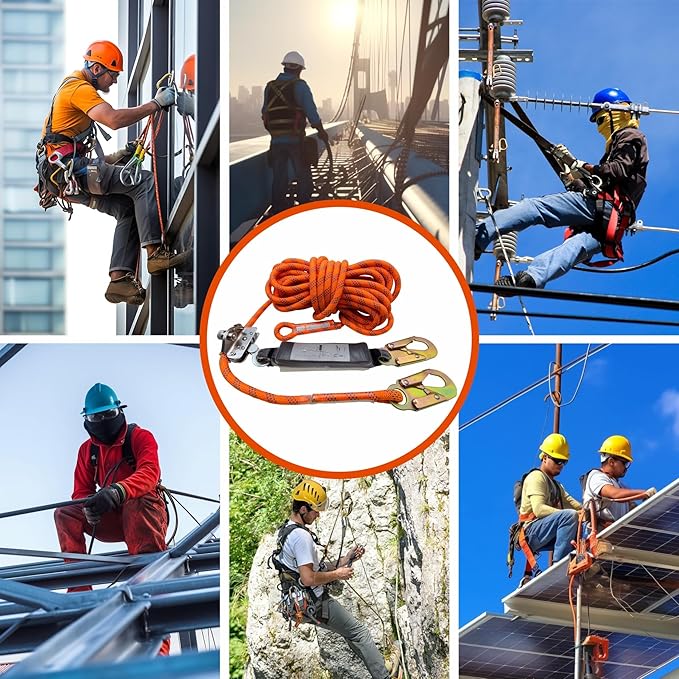 Fall Protection Rope for Roofing Tree Climbing, 25ft Harness Safety Lanyard, Vertical Rope with Grab Snap Hooks Shock Absorber Safety Equipment Orange