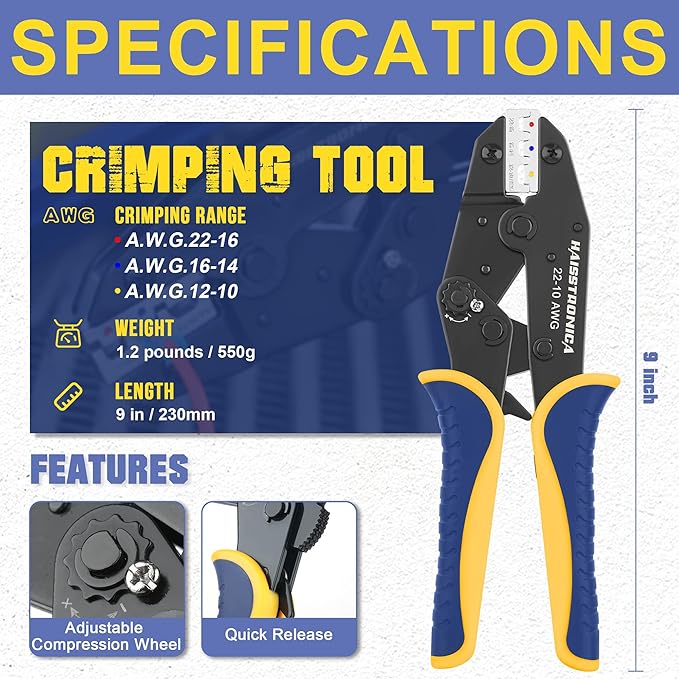 haisstronica Crimping Tool for Heat Shrink Connectors HS-8327 with 280PCS Marine Grade Heat Shrink Wire Connectors,Tinned Red Copper AWG 22-10 Electrical Ring Fork Spade Splice(3Colors/21Size)