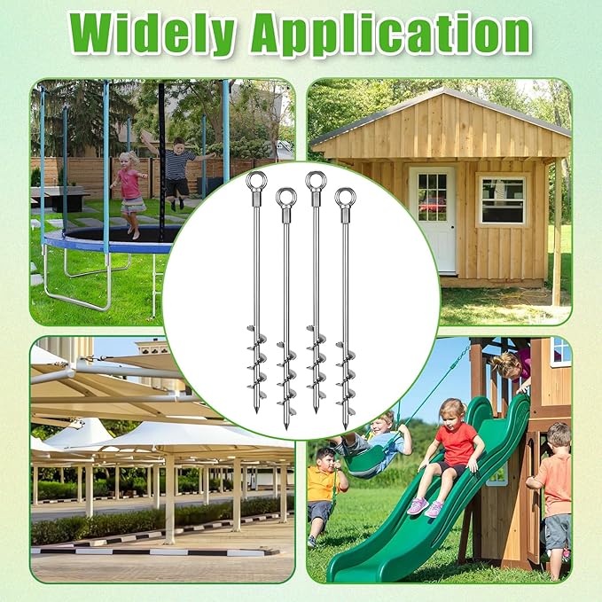 18" Heavy Duty Screw in Ground Anchors Kit, Spiral Windproof Earth Anchors for Trampoline, Shed, Swing Set & Mobile Home, Double-Sided Welded Spiral with Nut Driver Drill Bit (Set of 4)