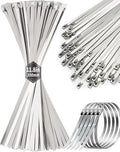 100Pcs Metal Zip Ties 11.8 inch 304 Stainless Steel Zip Ties, Heavy Duty Multi-Purpose Self-locking Metal Cable Ties for Machinery, Vehicles, Exhaust Wrap, Farms, Pipes, Roofs, Cables & Outdoor Fence