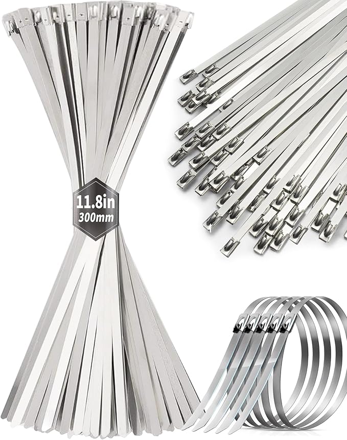 100Pcs Metal Zip Ties 11.8 inch 304 Stainless Steel Zip Ties, Heavy Duty Multi-Purpose Self-locking Metal Cable Ties for Machinery, Vehicles, Exhaust Wrap, Farms, Pipes, Roofs, Cables & Outdoor Fence